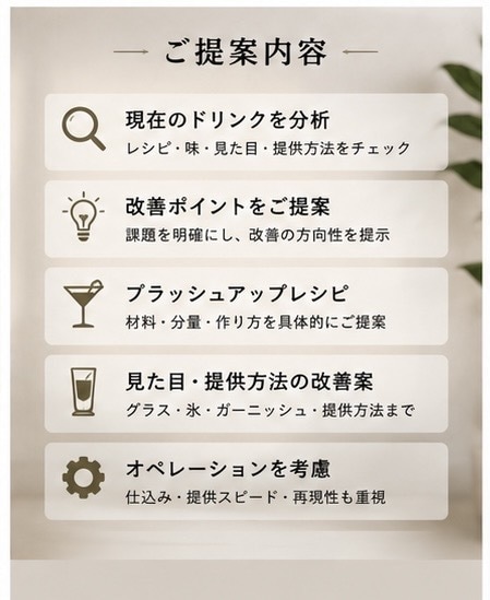飲食店の既存ドリンクメニューを改善します 現役バーテンダーが、お店の一杯をもっと魅力的に イメージ2