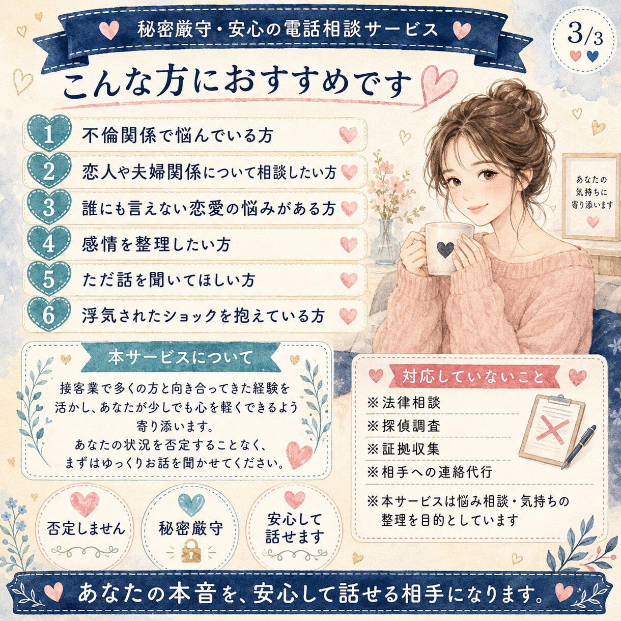 浮気・不倫の誰にも言えない気持ちを聞きます 責められそうで話せない気持ちも、まずはそのまま イメージ3