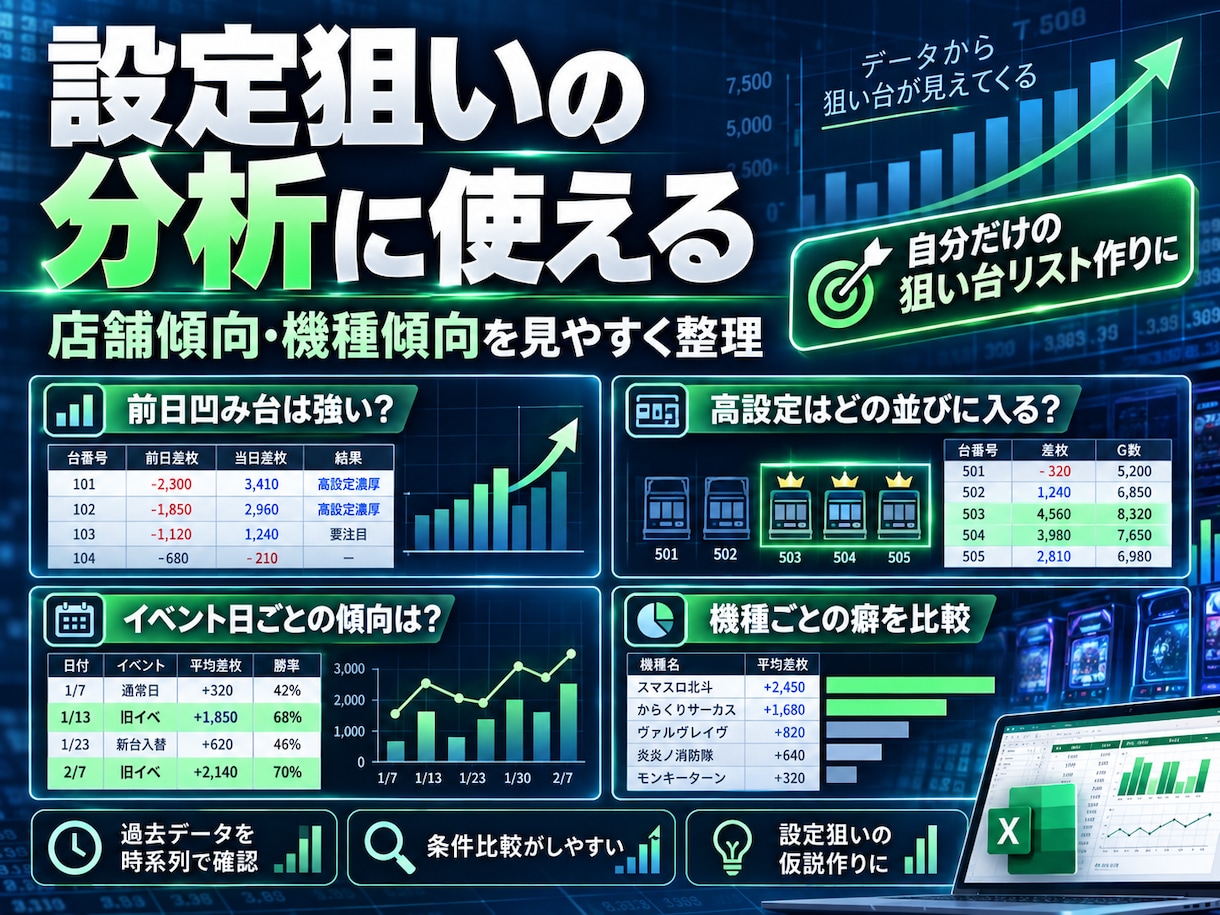パチスロ過去データをExcelにまとめます 設定狙い・店舗傾向分析に使いやすく整理します イメージ2