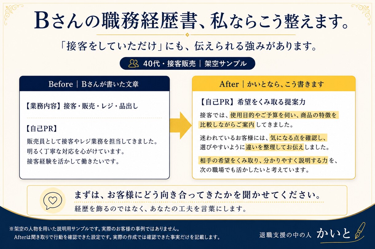 40代50代の自己PRをやさしく添削します ビフォーアフターと理由つきで、あなたの強みを言葉に イメージ4