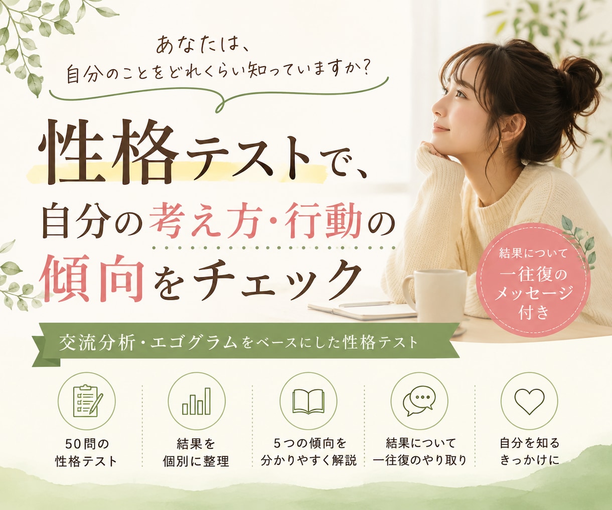 性格テストであなたの考え方や行動の傾向を整理します 性格テストを使って、自分の心の傾向を見つめ直してみませんか？ イメージ1