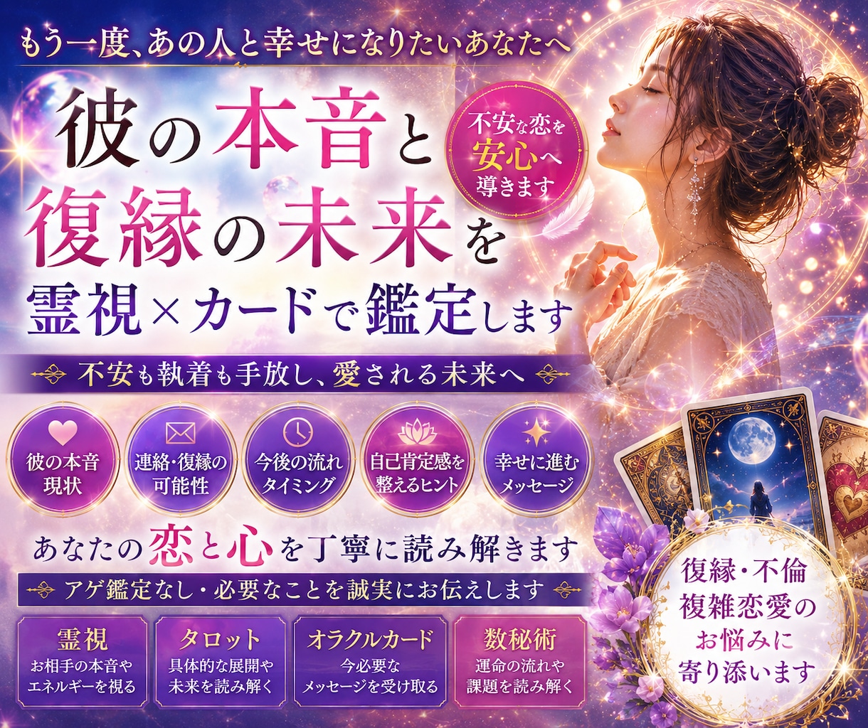 彼の本音と復縁の流れを霊視×カードで鑑定します ひとりで自分を責めていませんか？自分の気持ちを大切に！ イメージ1