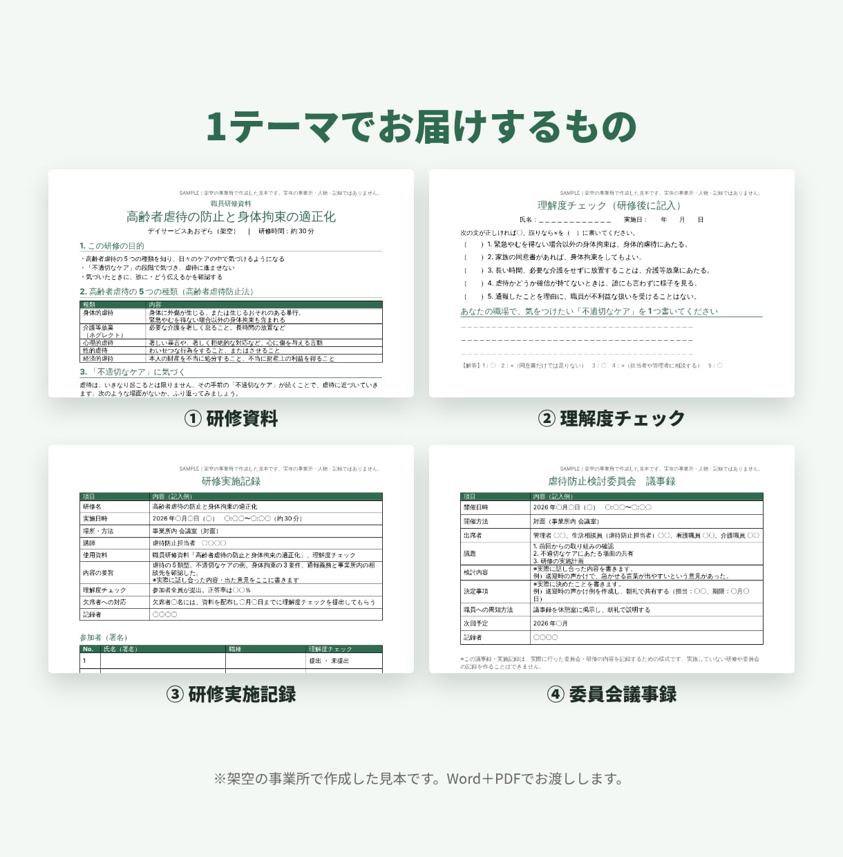 介護事業所の法定研修と委員会の記録を整えます 虐待防止・身体拘束・感染症・BCP｜資料と記録を一式で イメージ2