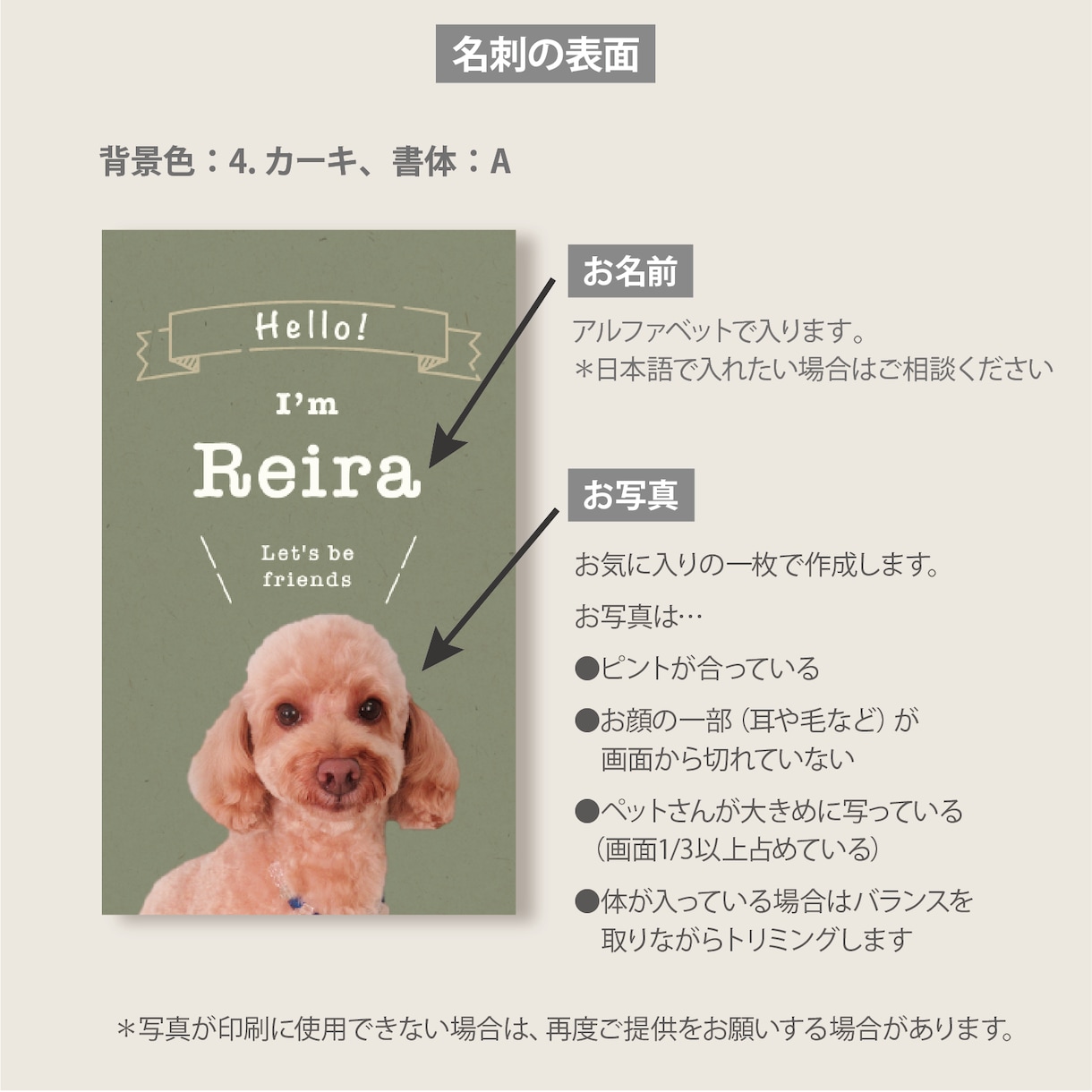 ペット写真入り名刺｜犬猫うちの子名刺制作します スマホ撮影OK! 色と書体が選べるセミオーダー100枚送料込 イメージ3