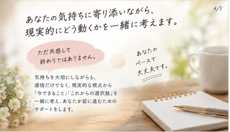 悩みを整理して「どうする？」まで一緒に考えます 話して終わりじゃない、具体策まで一緒に考えます イメージ4