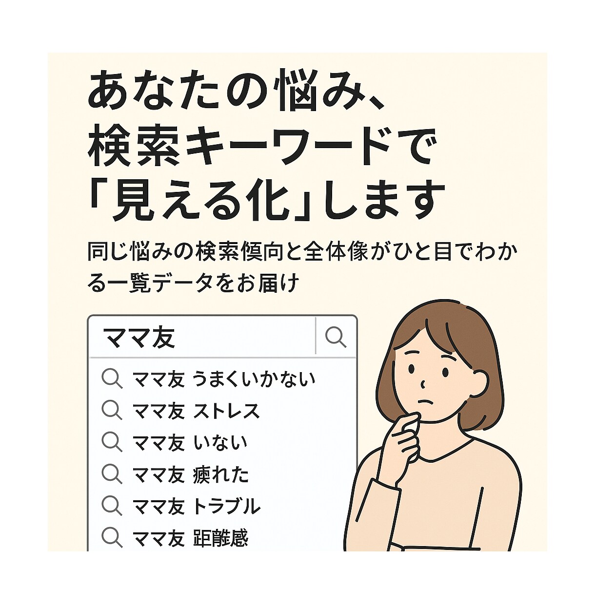 あなたの悩み、検索キーワードで「見える化」します 同じ悩みの検索傾向と全体像がひと目でわかる一覧データをお届け イメージ1