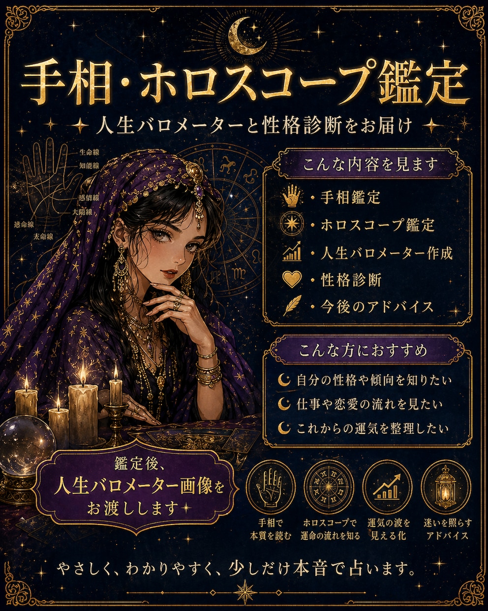 貴方の人生バロメーターを作ります 手相・ホロスコープで貴方の人生の浮き沈みや性格診断をします。 イメージ1