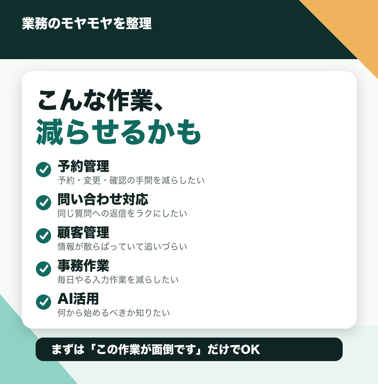 業務効率化・AI活用の相談に30分乗ります 作るべきかどうかから一緒に整理します。無理な提案はしません。 イメージ2