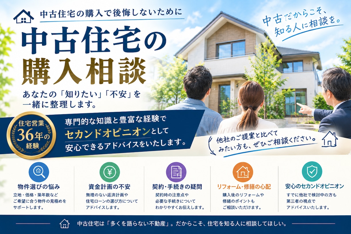 中古住宅のご購入　ご相談お受けします 住宅約400世帯の販売経験を持つ「買う側の目線」でチェック イメージ1