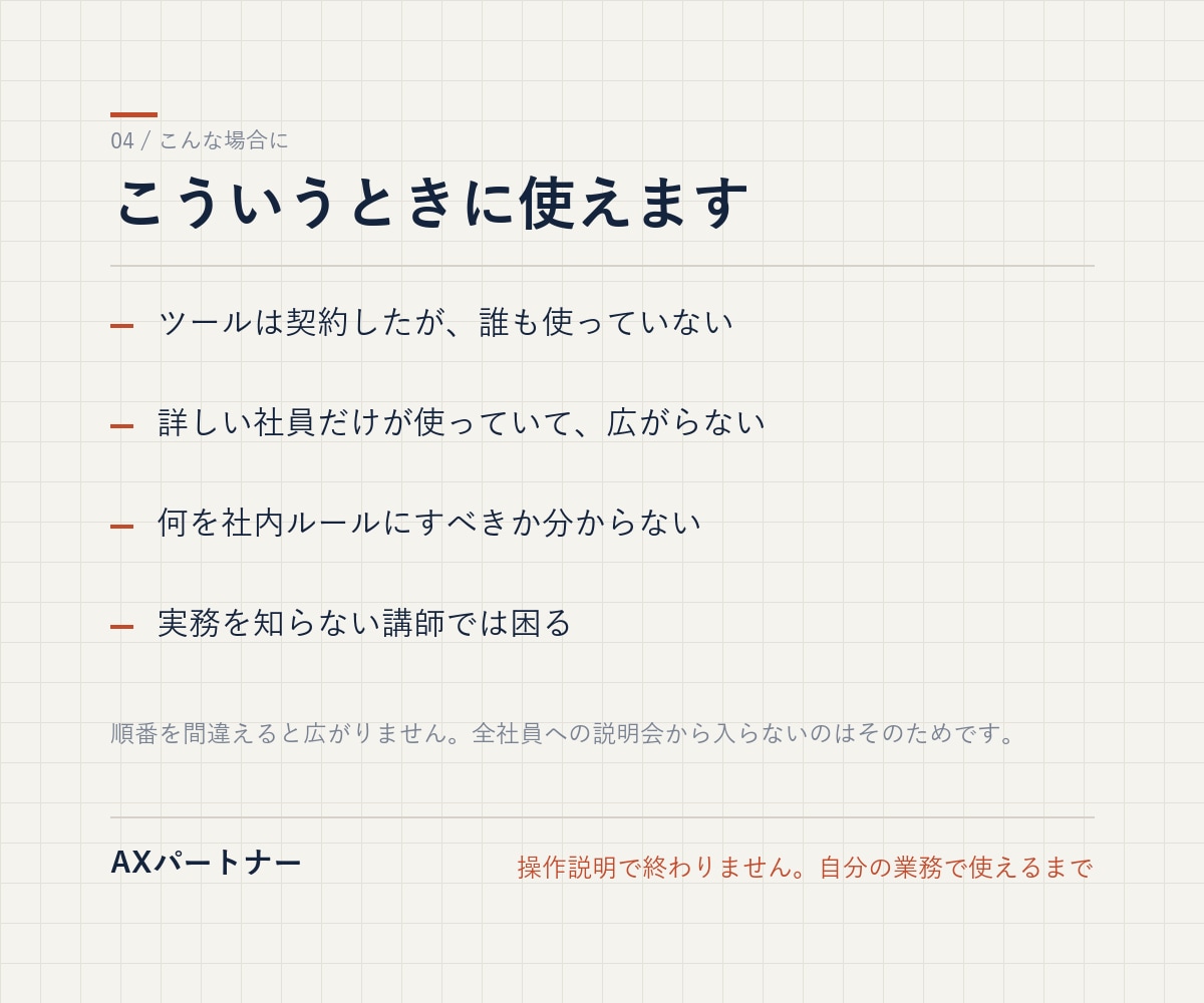 社員が自分で使えるまで、生成AIの社内研修をします 操作説明で終わりません。自分の業務で使えるまで。 イメージ3