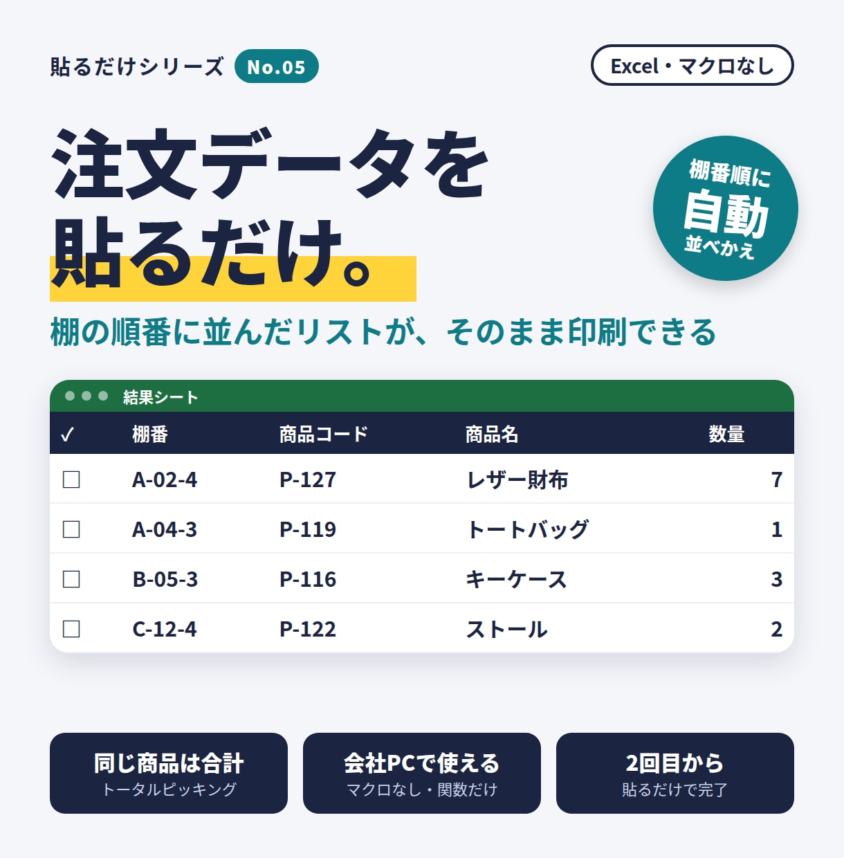ピッキングリストエクセル｜貼るだけで棚順に並べます トータルピッキング・注文別の仕分け表も自動で出る イメージ1