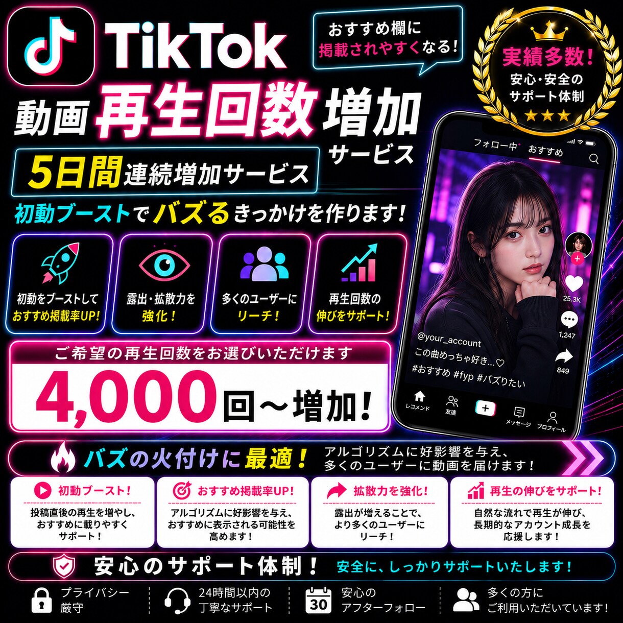 5日間TikTok再生回数を4000回増やします 連日再生回数増加で検索にヒットしやすい！ イメージ1