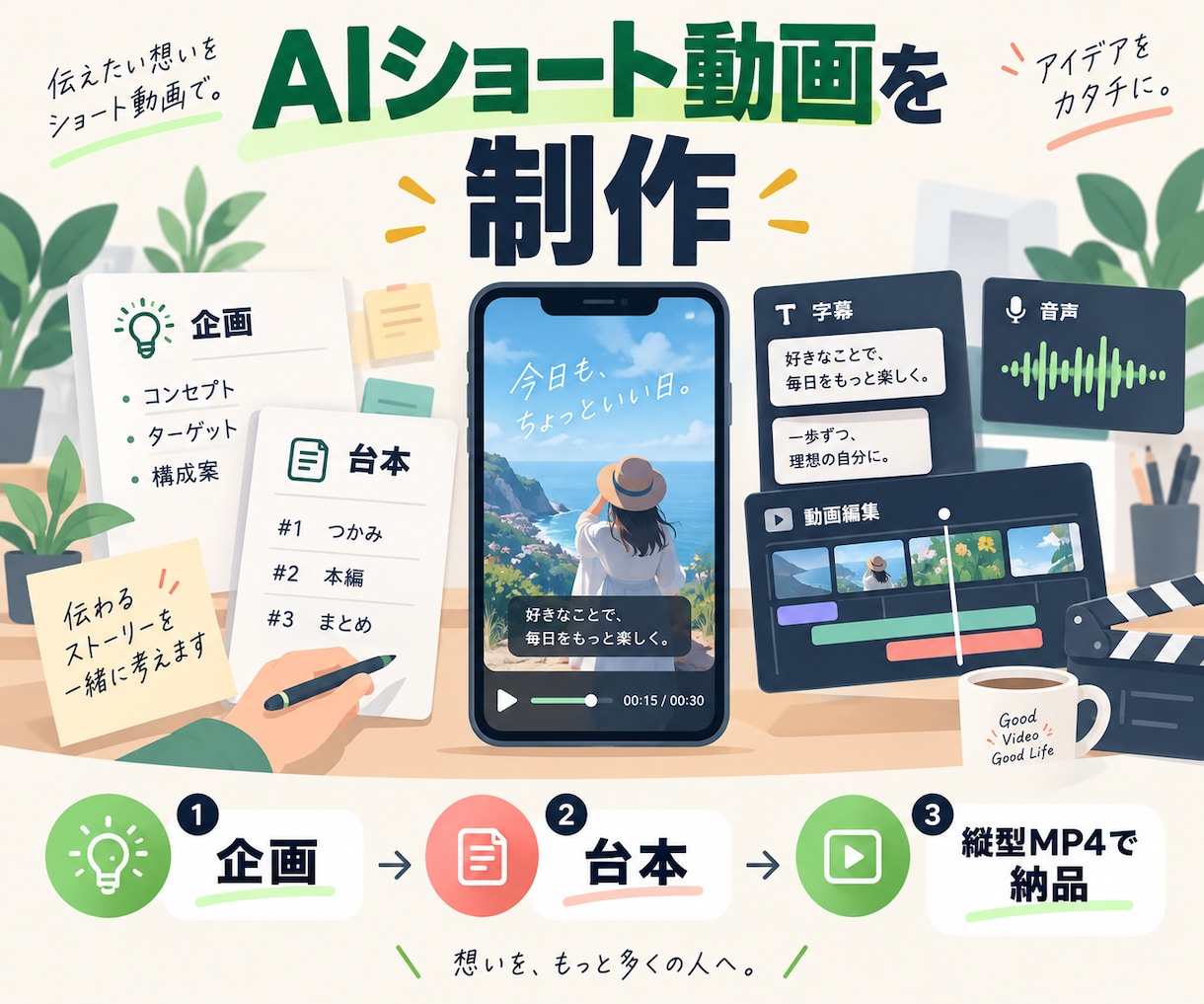 SNS向けAIショート動画を制作します 企画・台本・字幕込みで縦型MP4を納品します イメージ1