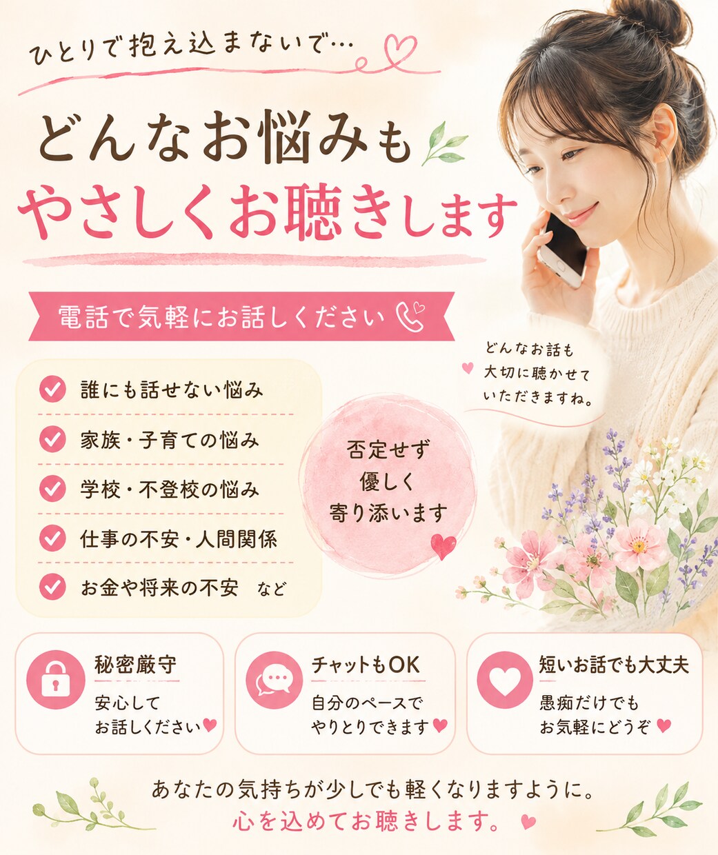誰にも言えない悩み、優しくお電話でお聞きします 声で話すだけで、少し心が軽くなりますよ。 イメージ3