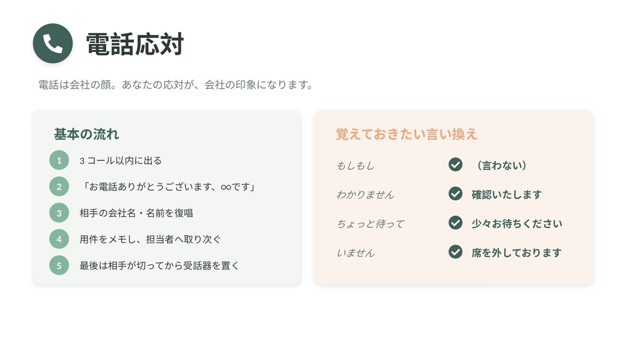 現役の実務者が新人研修・マナー資料作ります 「作る時間がない」を、現場目線の見やすい資料で解決します。 イメージ7