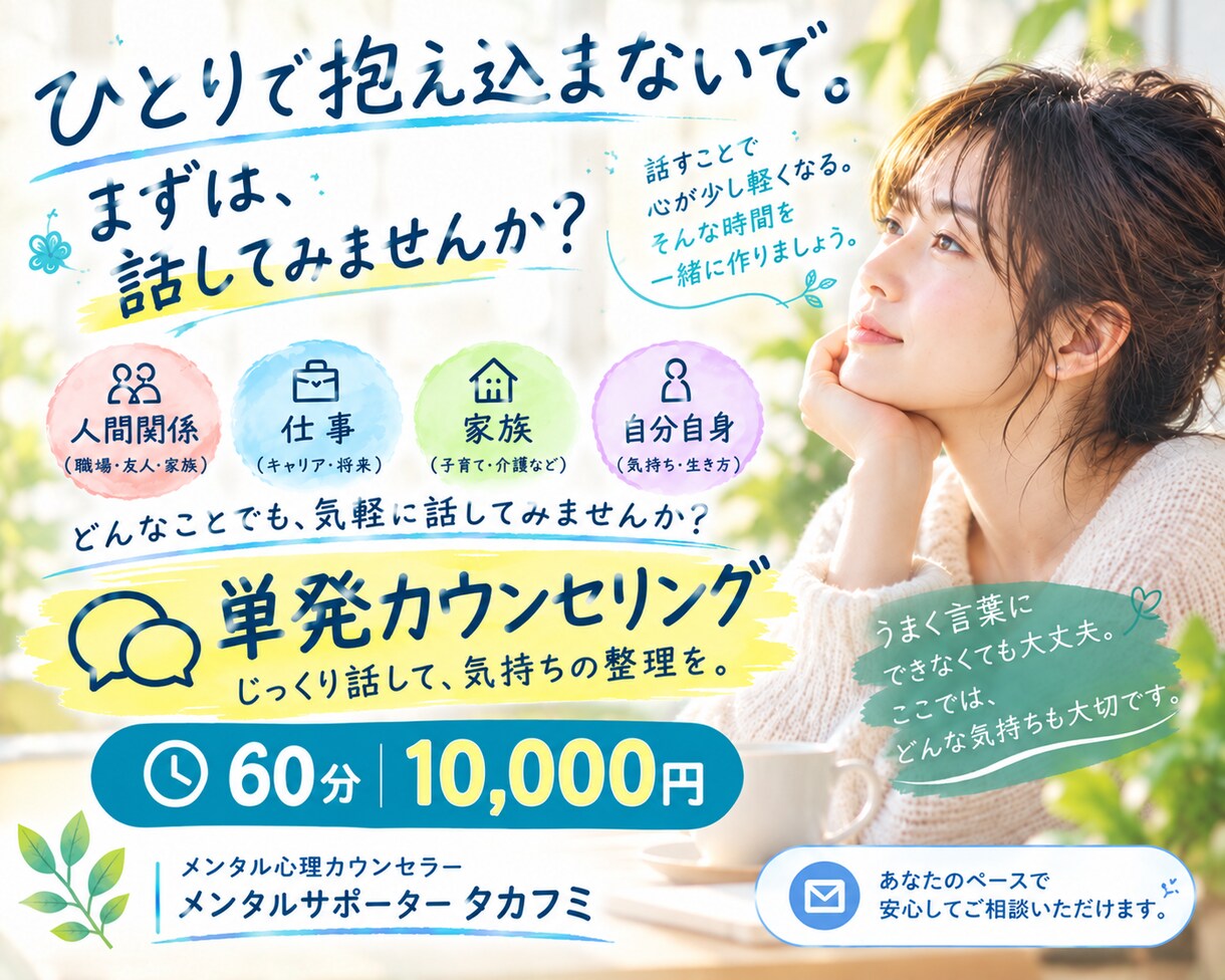 60分｜ひとりで抱えた悩みを話しながら整理します あなたの気持ちを話しながら整理できます。 イメージ1