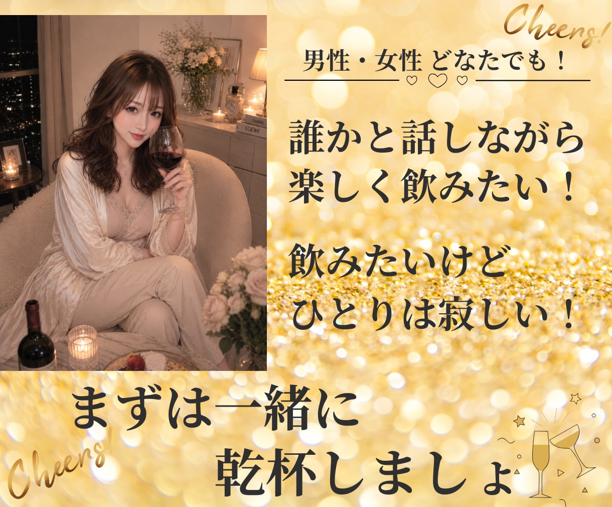 私が一緒に乾杯します！楽しい時間をご一緒します 家飲み⭐️雑談⭐️恋愛⭐️さし飲み⭐️話し相手⭐️愚痴など イメージ1