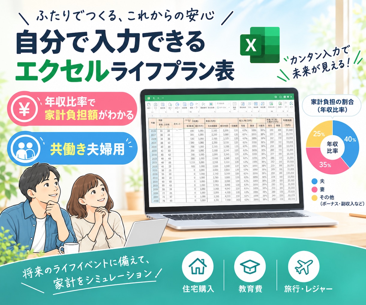 共働き夫婦専用｜ライフプラン表を提供します 年収比率で家計分担額が分かる家計シミュレーションシート イメージ1