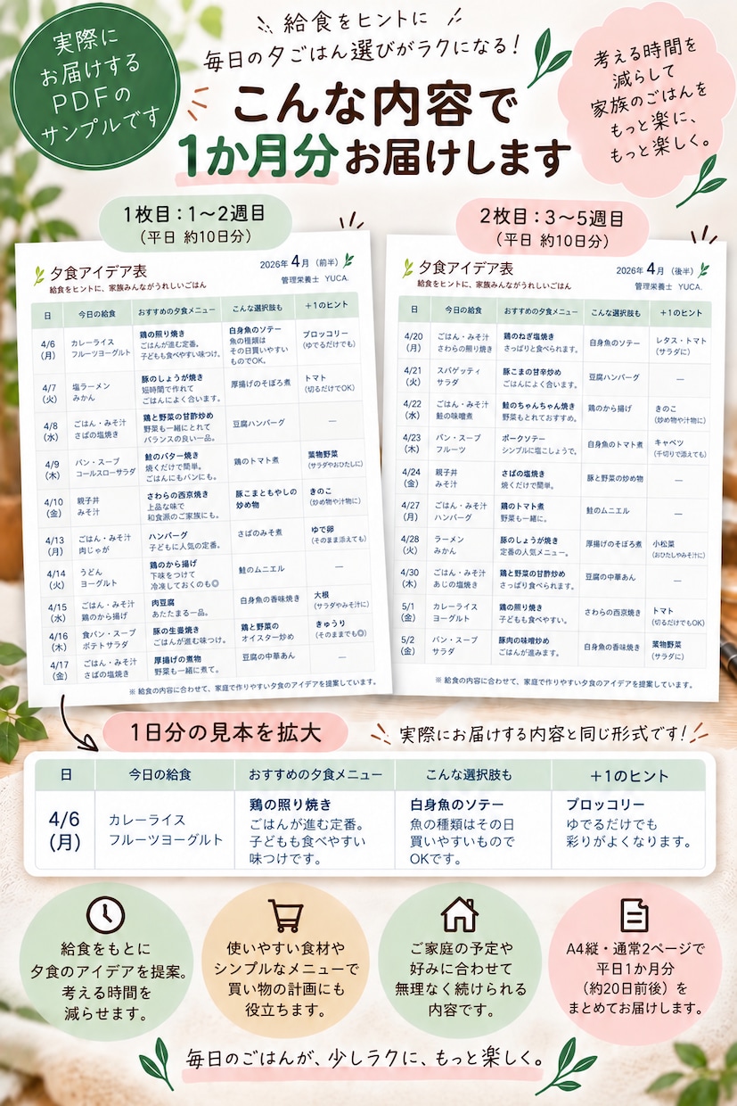 給食とかぶりにくい1か月の夕食アイデアを作ります 毎日の「今日なに作ろう？」を、給食まで見てラクにします イメージ2