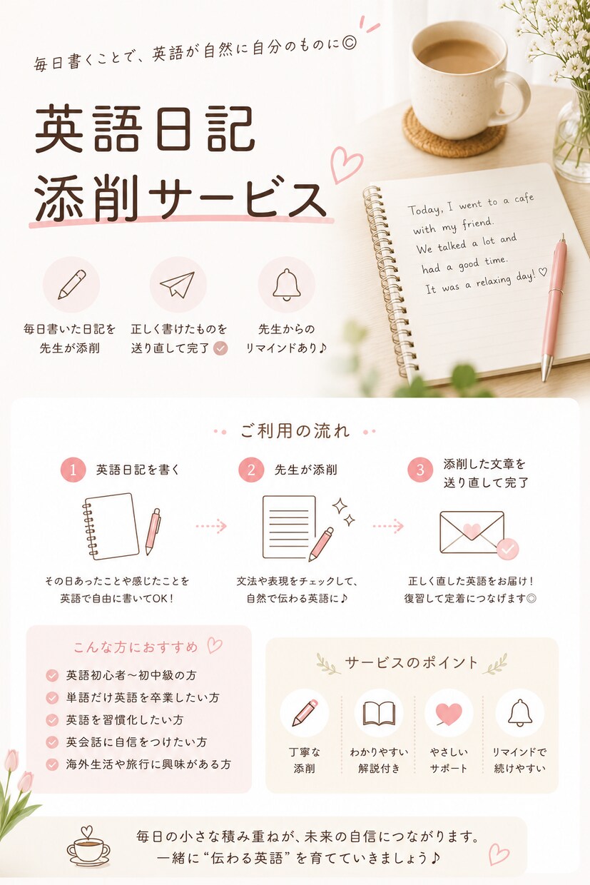 月額制｜英語で交換日記♪毎日添削します 初心者向け✳︎無理なく続く毎日5分の学習習慣✳︎ イメージ1