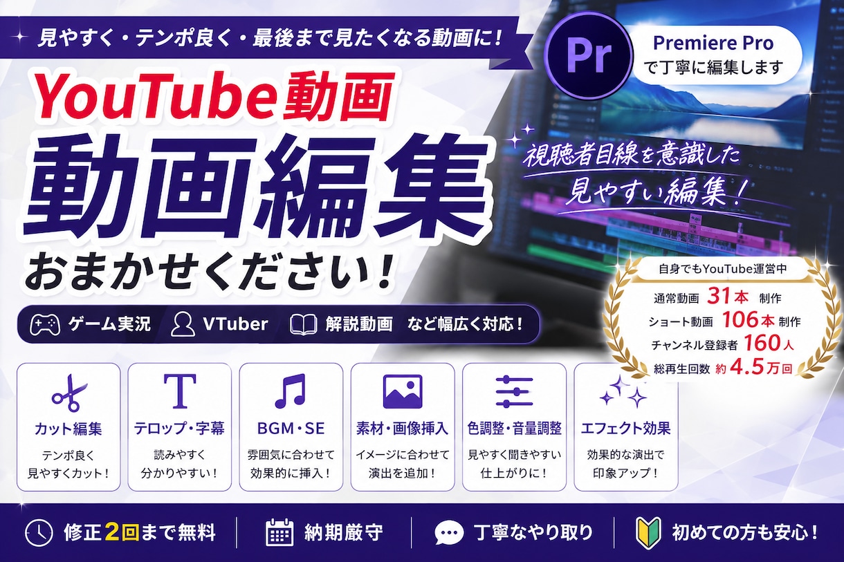 YouTube動画を見やすくテンポ良く編集します YouTube運営経験ありカット・テロップ・BGM・SEまで イメージ1