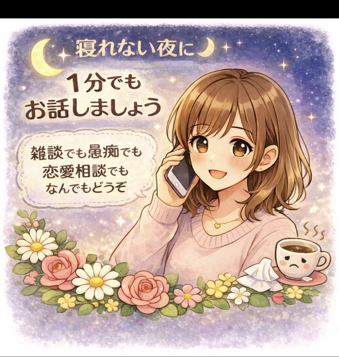 ちょこっと話したい時に、どうぞ3分でもお話聞きます 友人には話しづらいことも、ここでは気軽に。 イメージ1