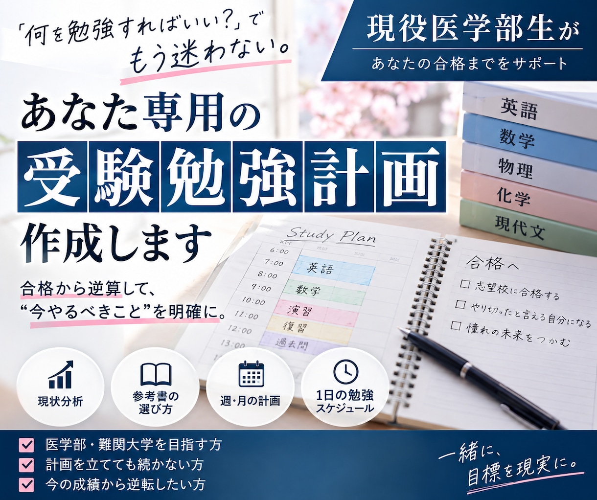 あなた専用の受験勉強計画を作成します 志望校合格から逆算して“今やるべきこと”を伝えます！ イメージ1