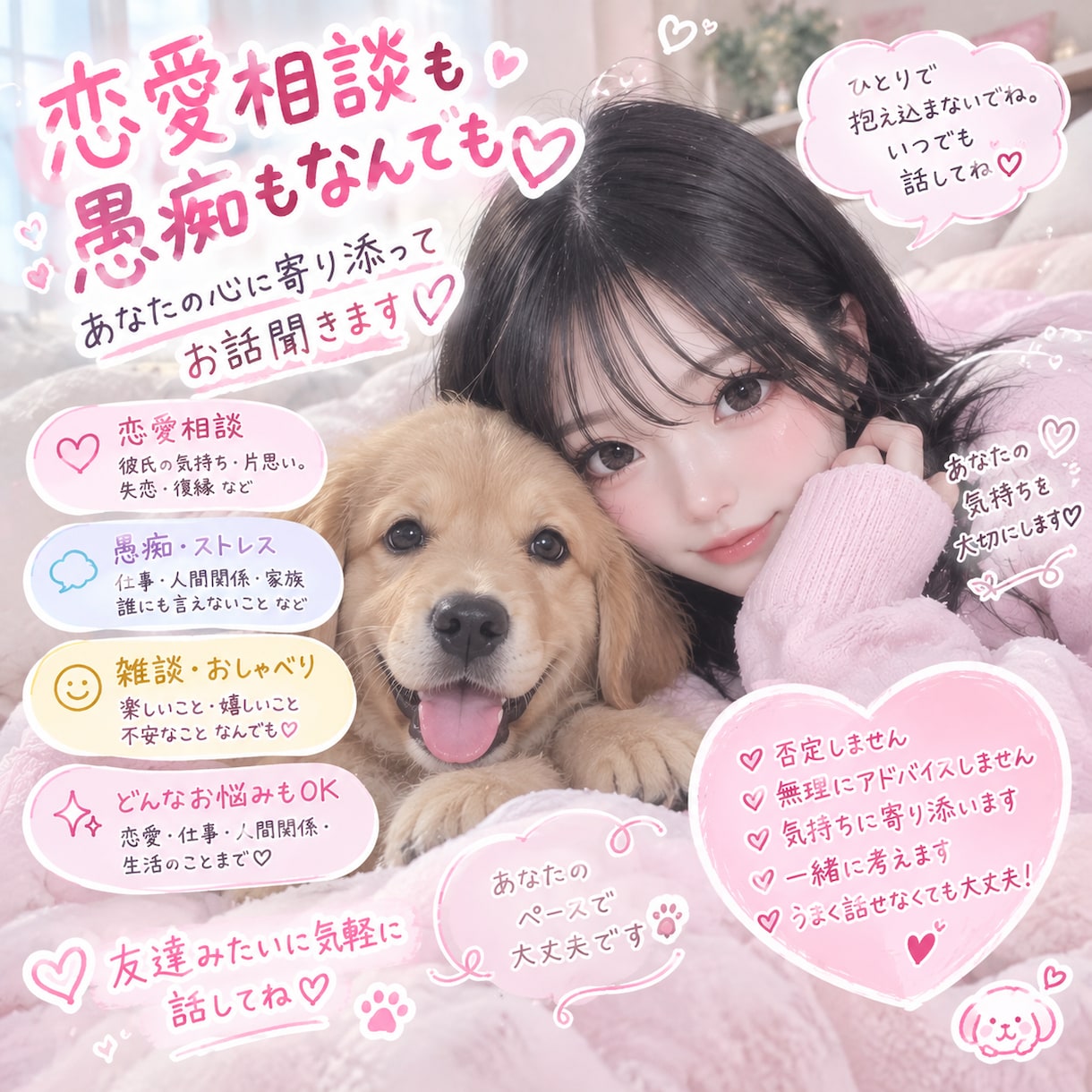 どんなお悩みもお聞きします仕事人間関係恋愛相談ます 悩み相談からただのおしゃべりまで大歓迎 イメージ1