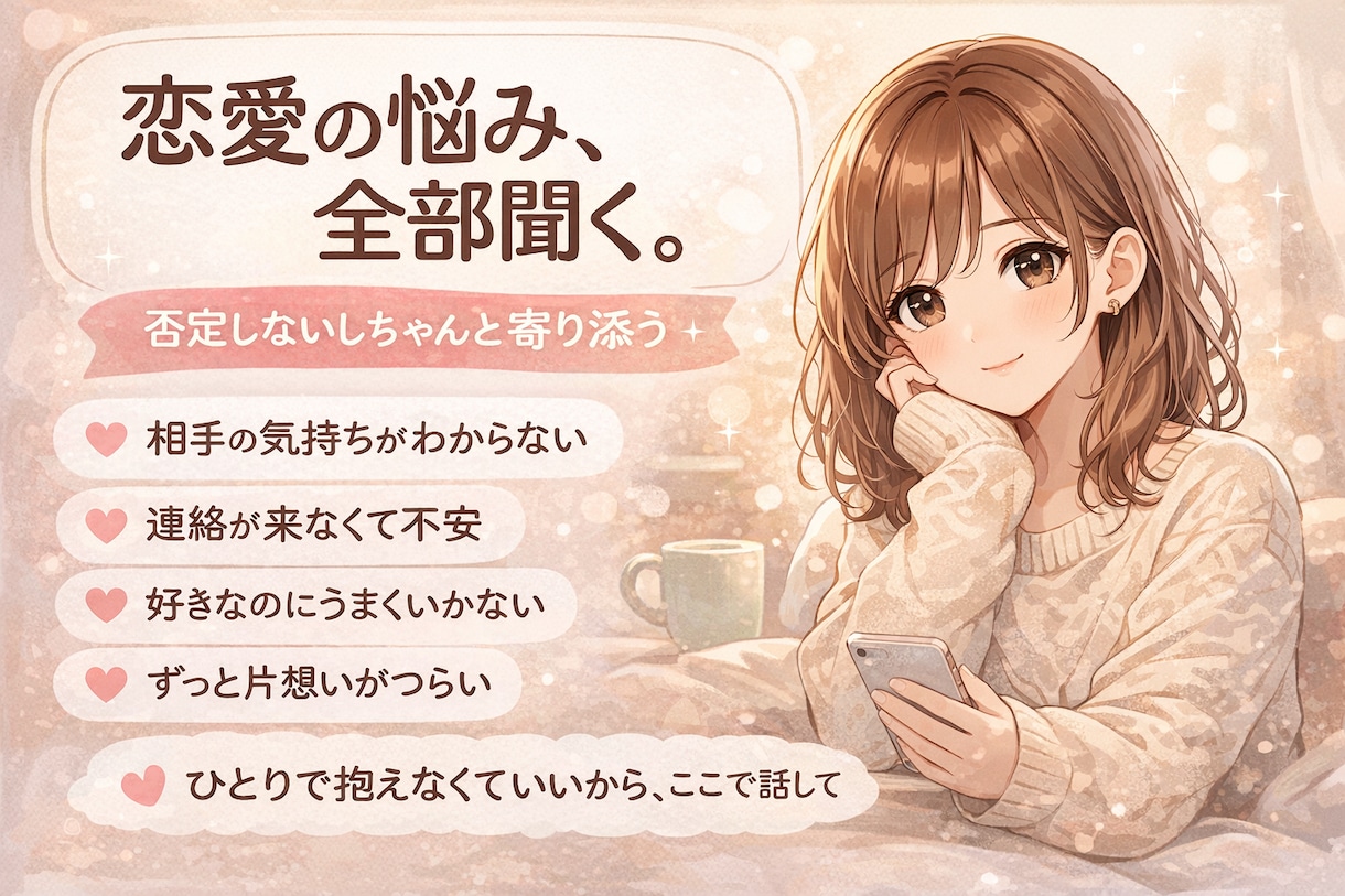 恋愛の悩み、全部聞きます 片想い・復縁・不安・モヤモヤ、ひとりで抱えなくていいんです。 イメージ1