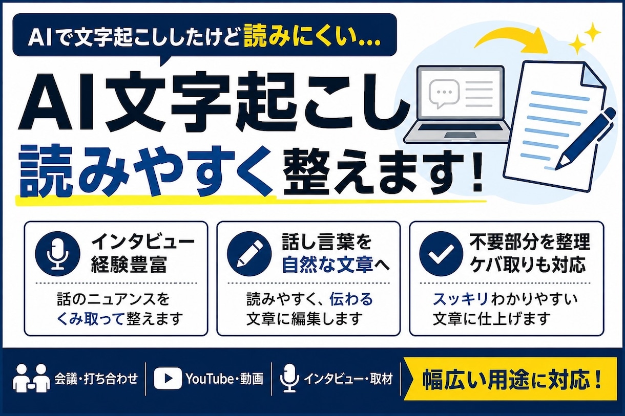 AI文字起こしを“読める文章”に整えます インタビュー談などの文字起こしデータを、読みやすい文章に編集 イメージ1