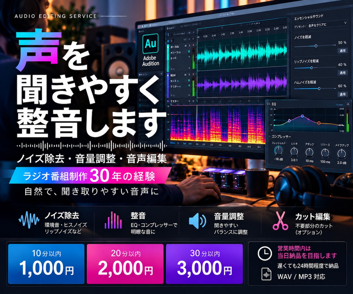ノイズ除去・整音で声を聞きやすくします ポッドキャストやナレーションの音質を改善します イメージ1