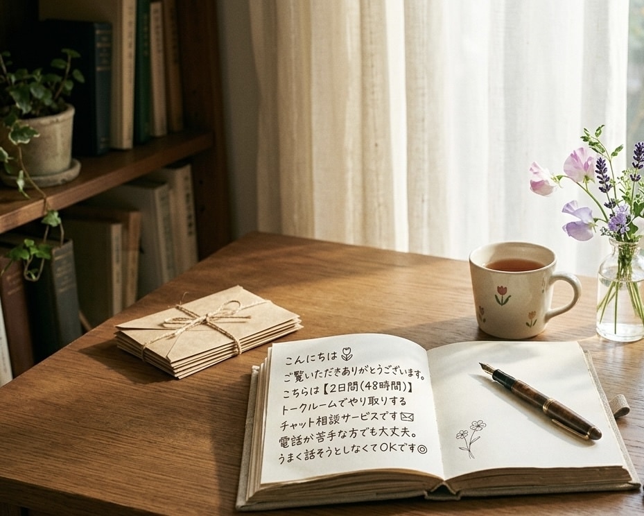 2日間チャット 話を聞きます 否定せず寄り添います 	誰にも言えない気持ちを 安心して話せる場所です イメージ1