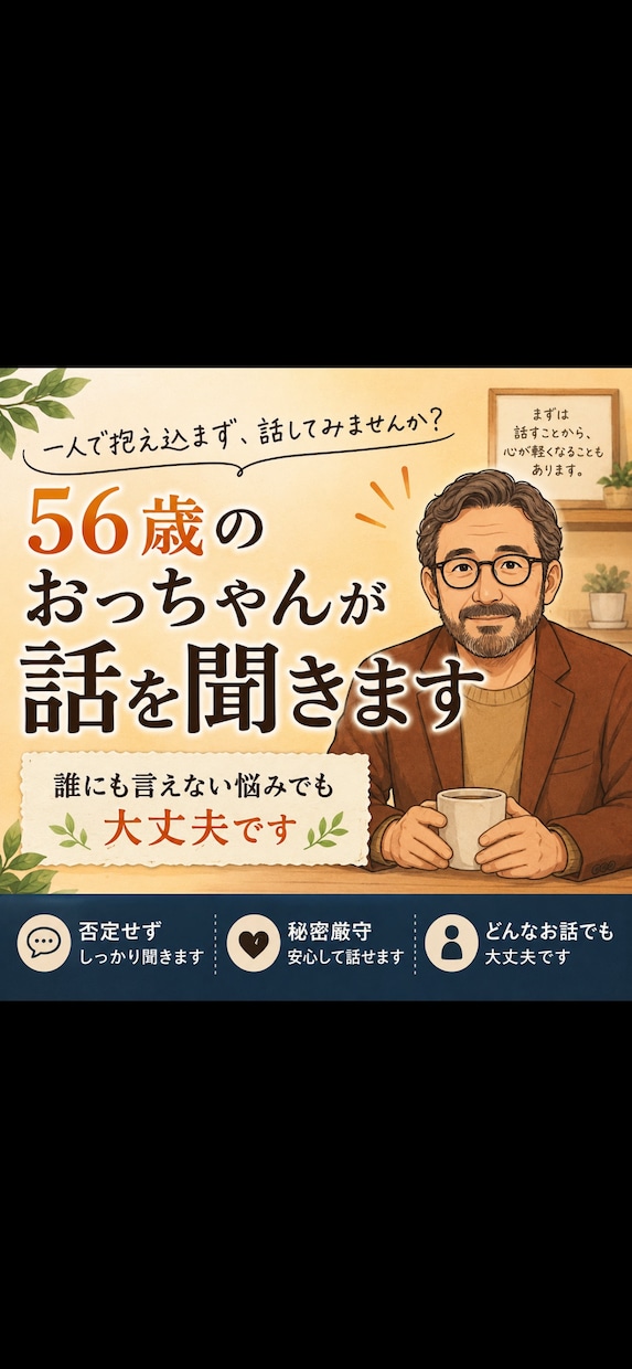 56歳のおっちゃんが話を聞きます 一人で抱え込まず話してみませんか イメージ1