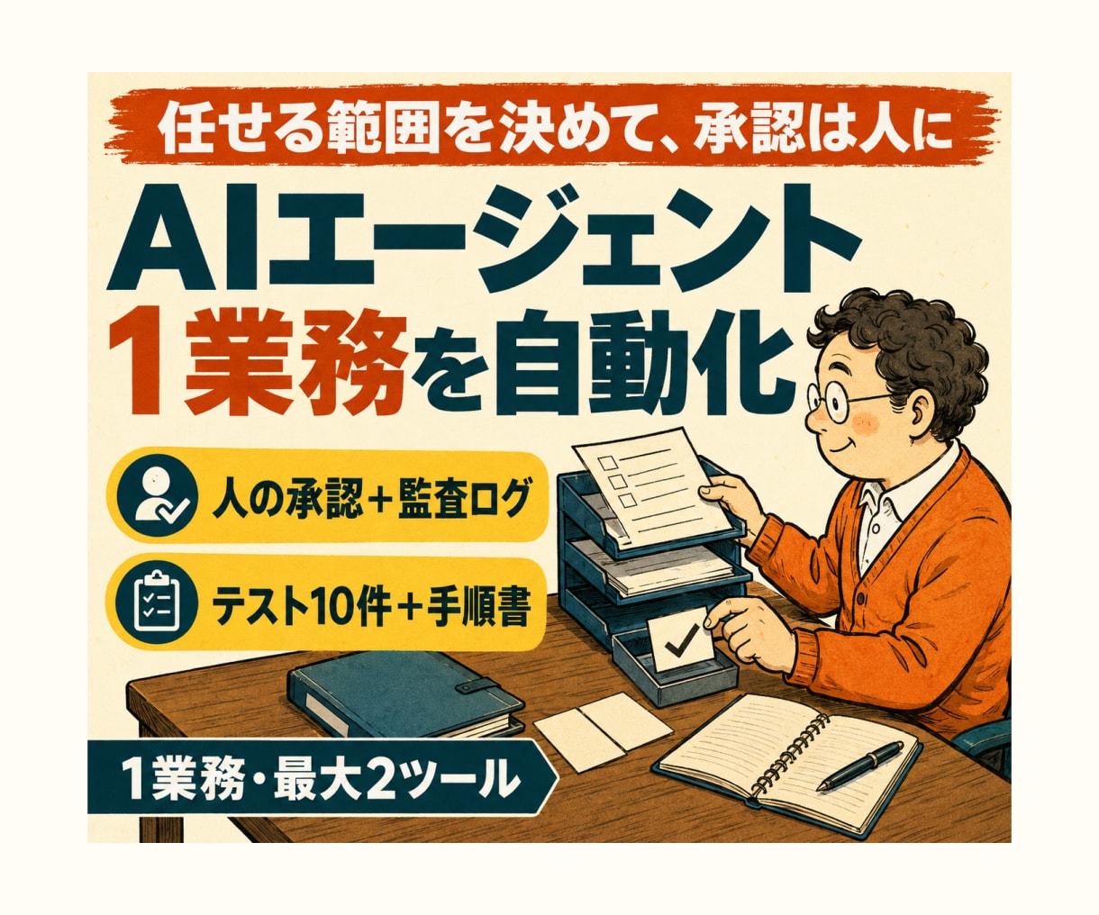 AIエージェントで1業務を自動化します 最大2ツールと人の承認を含む安全な業務フロー イメージ1