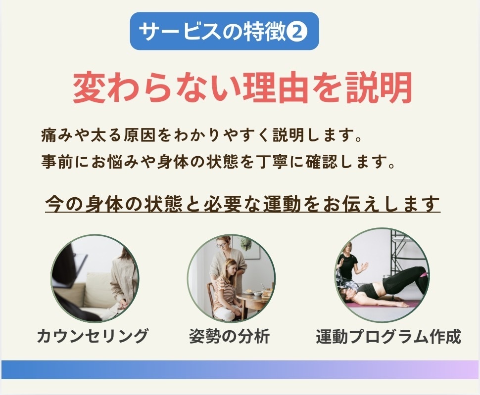 理学療法士が姿勢を分析！あなたに合う運動を提案ます 肩こり/腰痛の原因分析、健康的な姿勢改善、ダイエット法を提案 イメージ4
