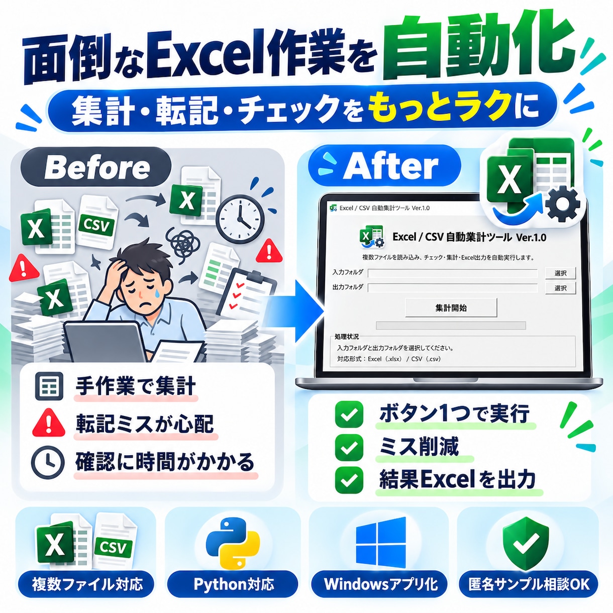 Excel・CSV業務をPythonで自動化します 面倒な集計・転記・チェック作業をボタン1つにします イメージ2