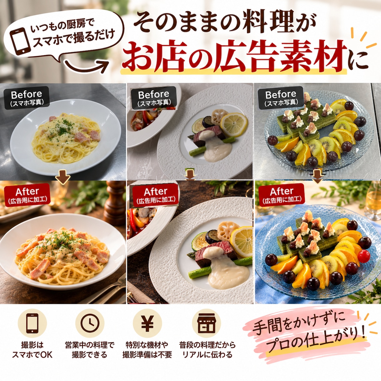 スマホ写真を魅力的な広告画像に仕上げます プロカメラマンが写真補正から販促デザインまで対応 イメージ3