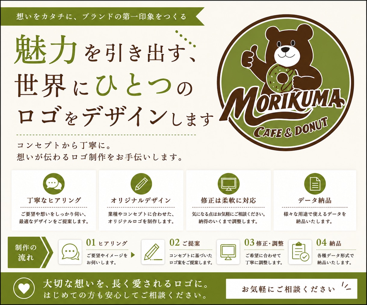 魅力を引き出す、世界にひとつのロゴをデザインします コンセプトから丁寧に。想いが伝わるロゴ制作をお手伝いします。 イメージ1