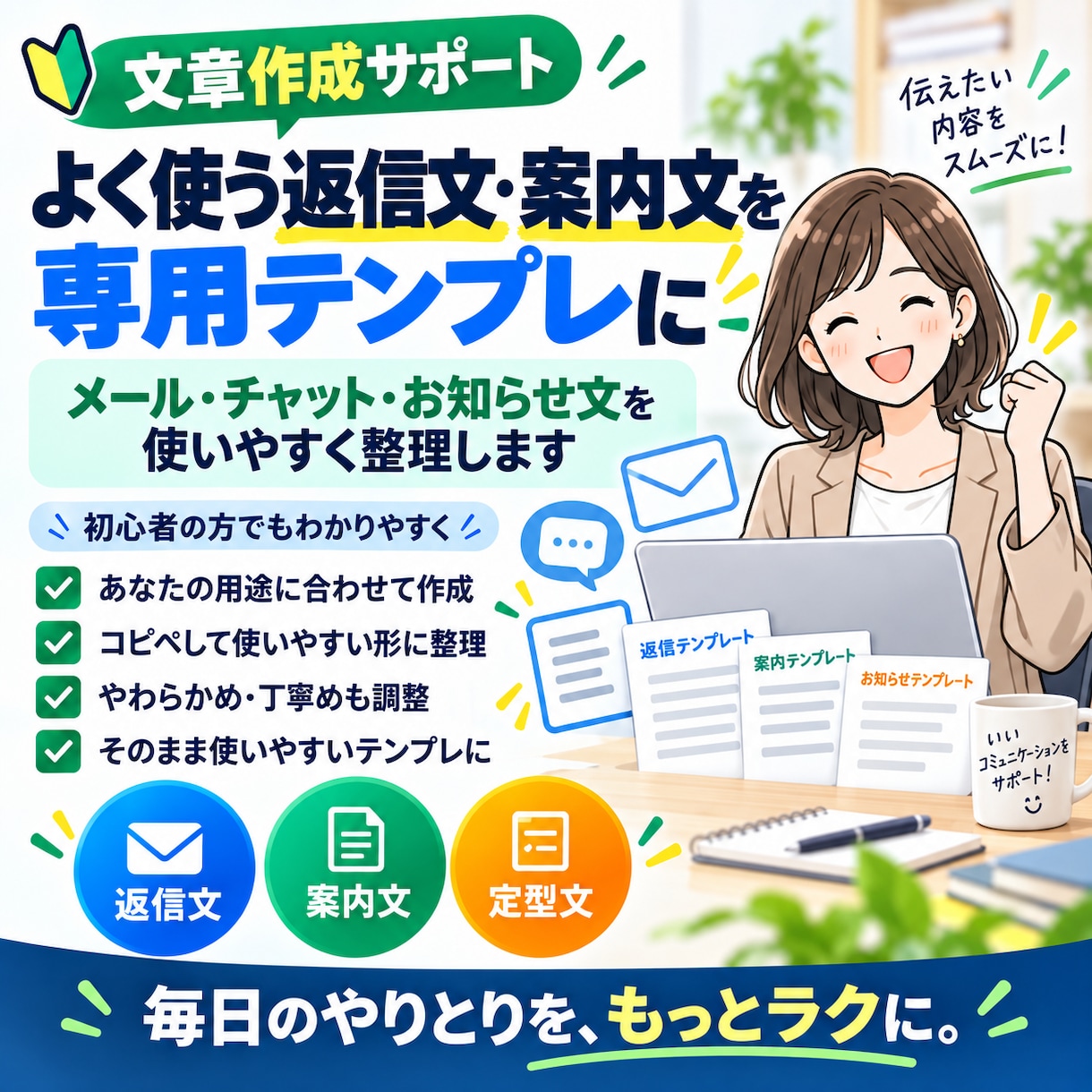 よく使う返信文・案内文を専用テンプレにします 毎回ゼロから書かずに使える定型文セットを作成します イメージ1