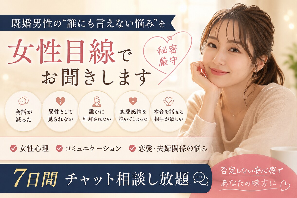 既婚男性向け。恋愛・人間関係の悩み相談を承ります 既婚男性の恋愛相談に寄り添います。 イメージ1