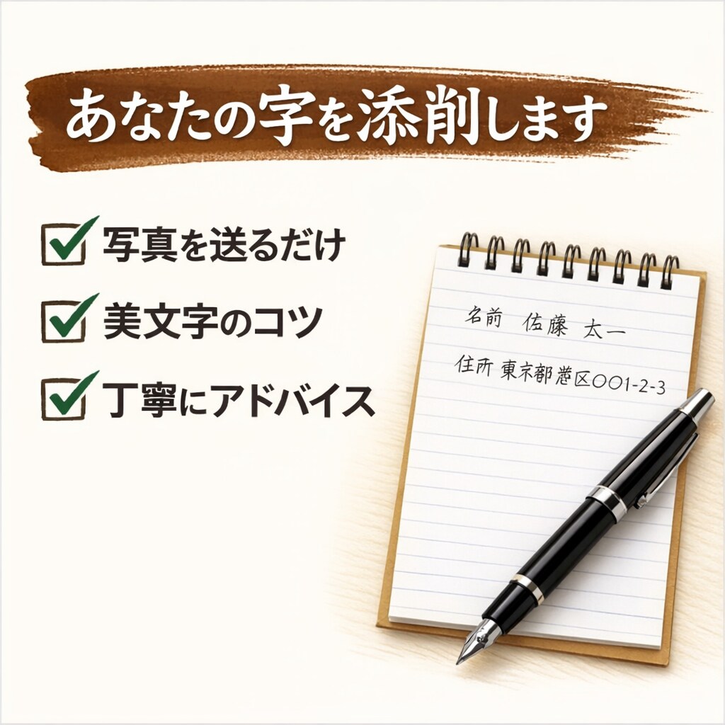 丁寧にあなたの字の添削（形やバランス）をします 写真を送るだけでOK。綺麗に見えるコツをお伝えします。 イメージ1