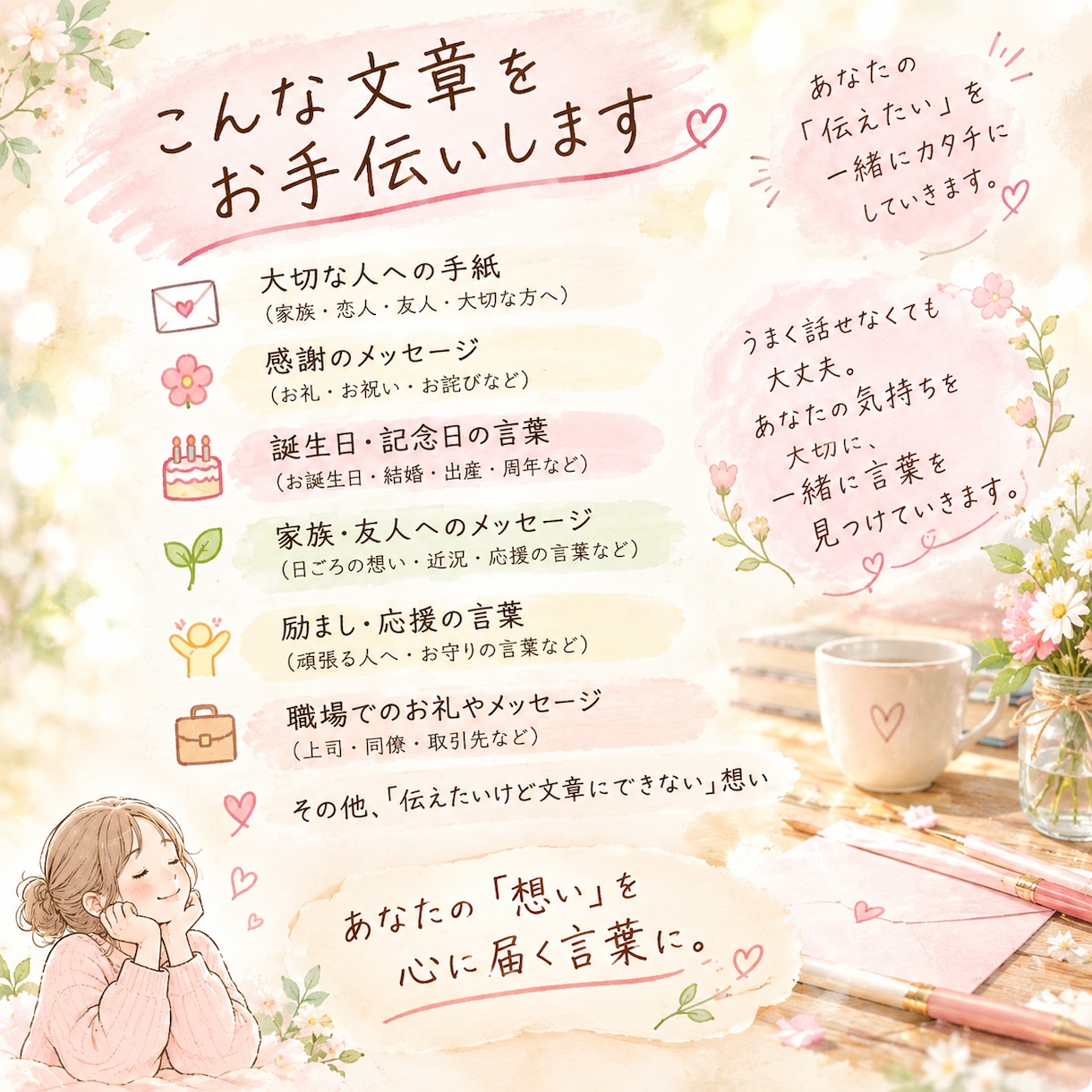あなたの気持ちを聞いて、届く言葉に整えます あなたらしさを残して心に届く文章へ イメージ3
