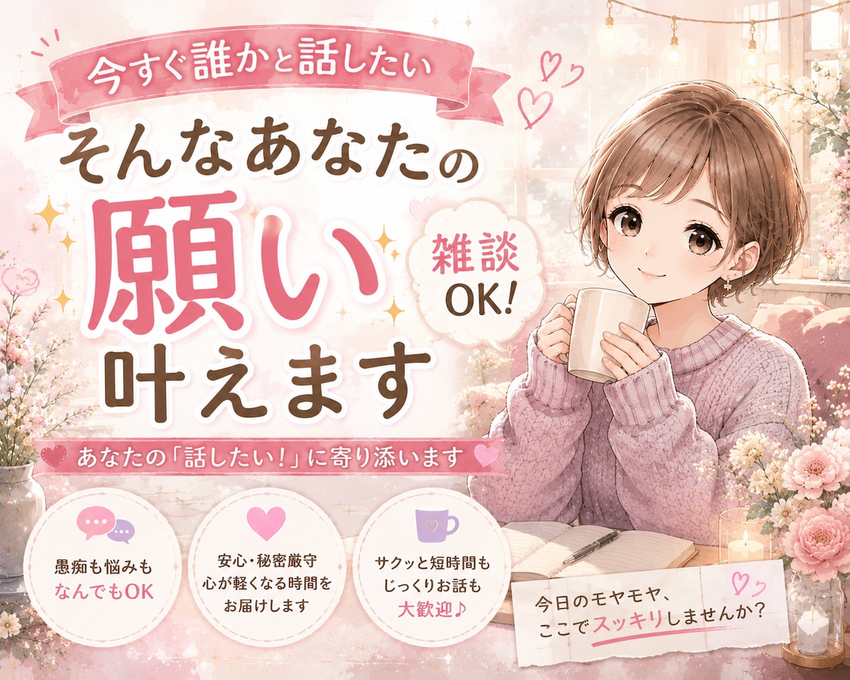 今すぐ誰かと話したい！そんなあなたの願い叶えます 雑談、聞いてほしい、恋愛の話、お悩みなんでもOK！ イメージ1