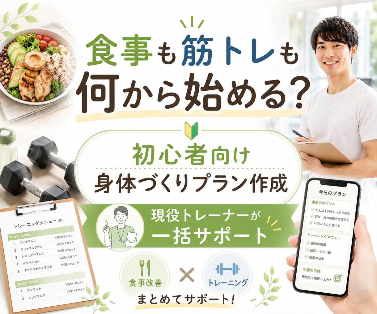 食事と筋トレの初心者プランを一括作成します 月250本指導の現役トレーナーが食事と運動を整理 イメージ1