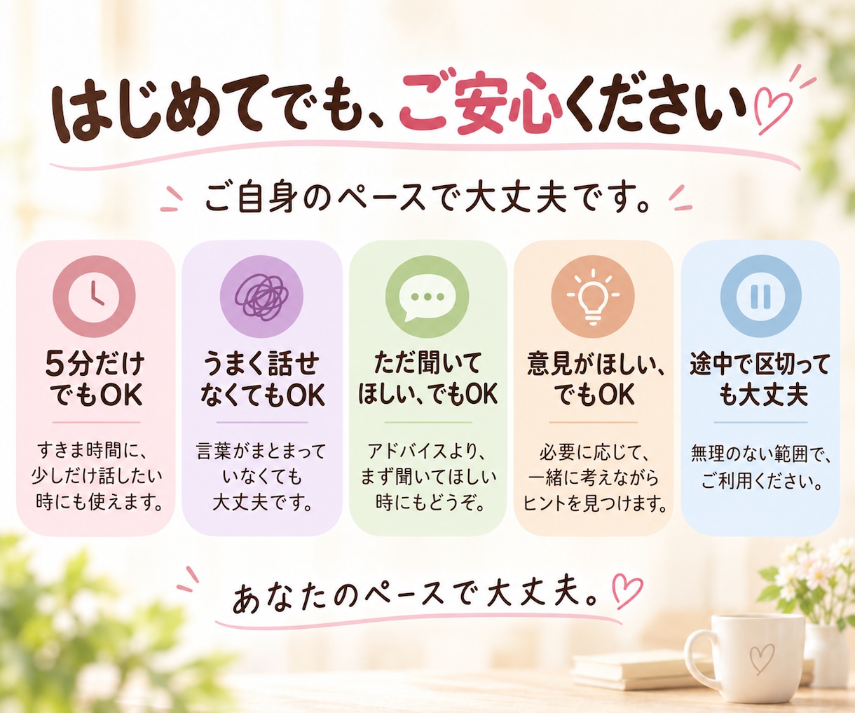 誰にも話せない悩みを元看護師がお聴きします 家族・親・介護・仕事・人間関係｜まとまっていなくても大丈夫 イメージ6