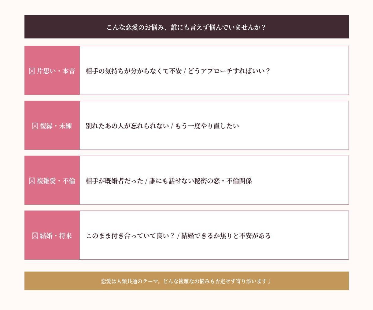 複雑恋愛・片思い・復縁・浮気の相談乗ります 「辛い」「分からない」に。多彩な経験からがっつり寄り添います イメージ10