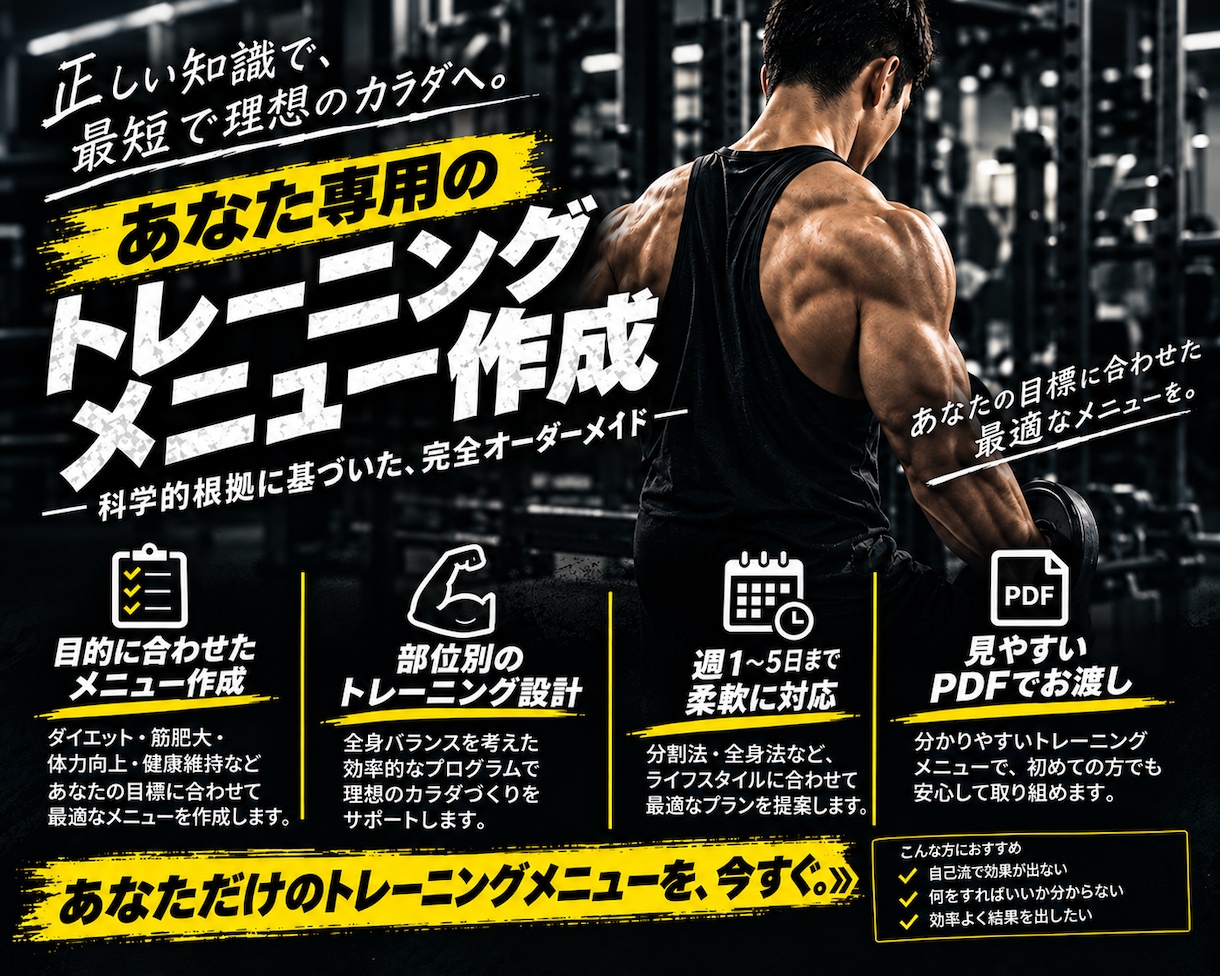 初心者向け筋トレメニュー作ります 根拠あるモチベアップ筋トレメニューを作成致します イメージ1