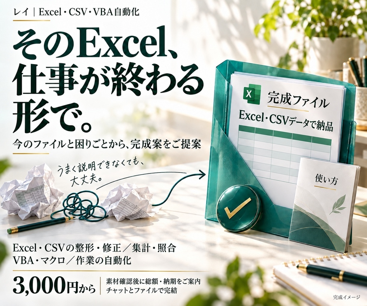 Excel・CSV加工とVBA自動化を承ります 整形・修正・集計・照合・マクロ作成を3,000円から イメージ1