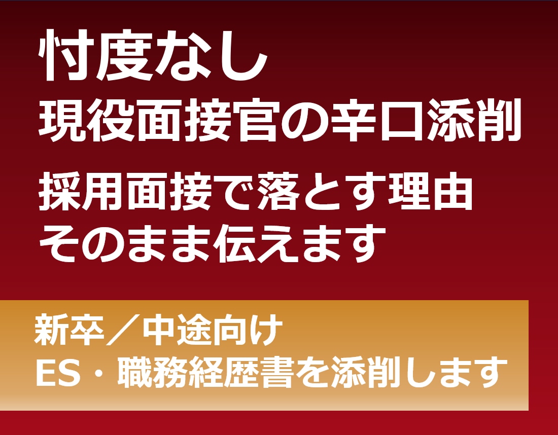 忖度なし｜現役面接官が落とす理由をそのまま伝えます 新卒／中途向け｜リアルな評価を基にES・職務経歴書を添削 イメージ1