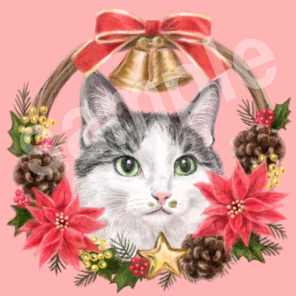 クリスマスリースで囲んだ愛猫さんのお顔を描きます アイコンにも